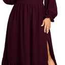 SCOMCHIC Womens Plus Size Wedding Guest Cocktail Dress Sweetheart Neckline Long Sleeve Smocked Ruffle Slit Maxi Dresses (Burgundy). XL Size