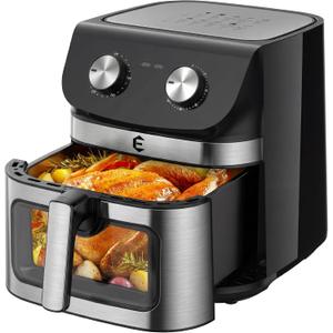 9.5Qt Large Air Fryer Oven, Airfryer Toaster Oven Combo, Non Toxic Stainless Steel Air Fryer with Window, XL Capacity Basket Style Airfryer for Family, Easy Dual Knob Control, Black, 9.5 Quart