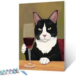 Tucocoo Black and White Cat Drinking Wine Paint by Numbers for Adults DIY Red Wine Glass Cats Painting Abstract Painting Kits for Home Living Room Bedroom Office Wall Decor 16"x20"inch no Frame (Pbn-drink Animals 02)