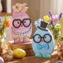 Pinkunn 2 Pcs Easter Egg Table Wooden Signs Egg Couple Easter Table Centerpiece Decorations Color Eggs with Glasses Necklace Bow for Spring Party Kitchen Office Dining Room Home Decor
