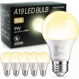 TJOY 6 Pack A19 LED Light Bulbs, 60 Watt Equivalent LED Bulb, Warm White 3000K, Efficient 9W, E26 Standard Base, Non Dimmable Energy Saving Lightbulb, 800LM, 80 CRI, 120V, UL Listed