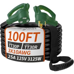 PlugSaf 100 FT 25 Amp RV Extension Cord Outdoor, 10AWG 125V 3125W STW Green
NEMA TT-30P/R, Flexible 10 Gauge Extension Cord Heavy Duty, 100 Foot RV Power Cord Waterproof with Grip Handle, ETL Listed