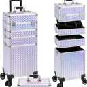 AROUS 5 in 1 Rolling Makeup Train Case Cosmetology Case on Wheels Large Cosmetic Organizer Travel Cart for Hairstylist Artist Nail Beauty Salon Barber,Silver