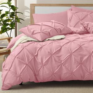 VACVELT 5 Piece Pinch Pleated Duvet Cover California King Size Set, Pink Pintuck Duvet Cover with Zipper & 8 Ties, Soft Microfiber Duvet Cover + 2 Pillow Shams + 2 Pillowcases, No Comforter