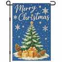 IVN Merry Christmas Tree Santa Garden Flag 12x18 Inch Double Sided Blue Star Gift Boxes Snowy Pinecones Outdoor Small Burlap Holiday Christmas Decorations Yard Flag for Outside Winter Xmas Decor