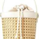 Rattan Bucket Bag for Women Straw Beach Bag Drawstring Crossbody Purse PU Leather Summer Shoulder Tote Bag Cute Hobo Bags (White)