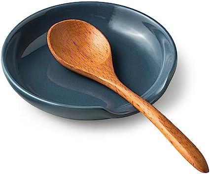 Miamolo Ceramic Spoon Rest for Stove Top, 5" Stove Spoon Holder for Kitchen Counter, Farmhouse Utensil Rest Tray for Spatula, Ladles Tongs, Vintage Blue