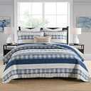 Homzard King Size Comforter Set - 100% Cotton Blue White Tan Quilt King Size,Farmhouse Plaid Striped Bedspread Set,Reversible Lightweight Quilts 3 Pieces