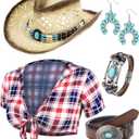 Hicarer 5 Pcs Cowgirl Outfit Costume Women Roleplay Set Tshirt Cowboy Hat Buckle Belt Pendant Earrings for Halloween (Small, Novelty)