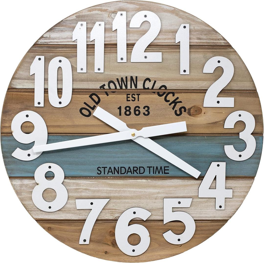 24" Wooden Multi-Color Maritime Coastal Beach Large Number Wall Clock (Blue, 24 inch)