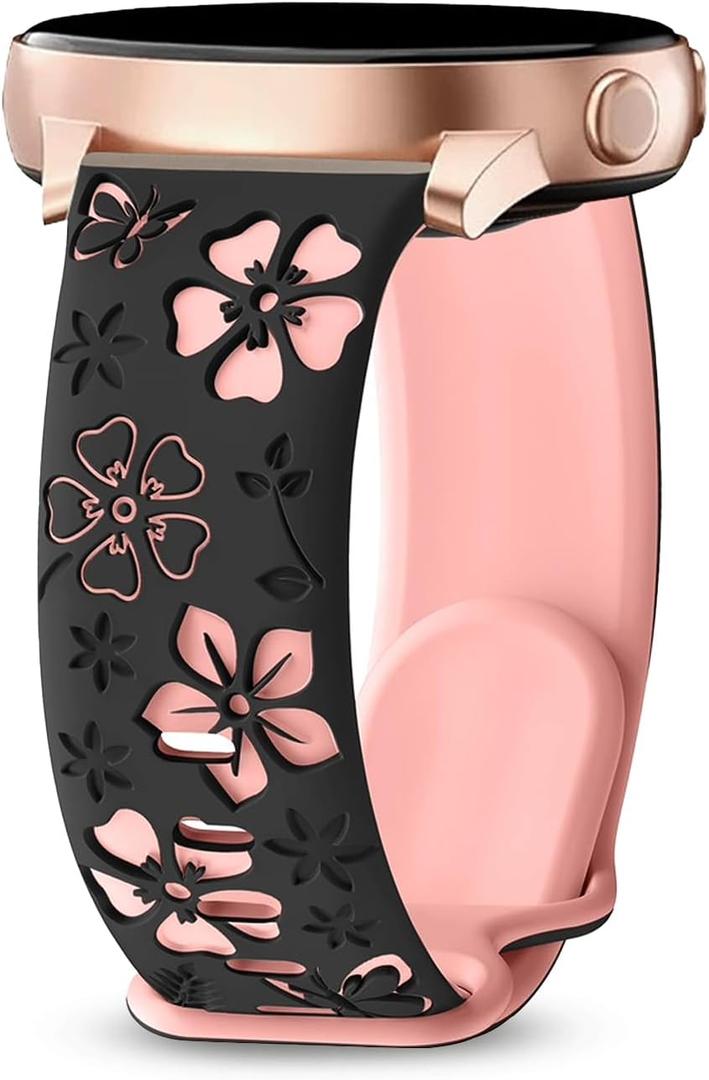Floral Engraved Band for Garmin Vivoactive 4/Venu 3/Venu 2 45mm Women,22mm Cute Two-Tone Flower Soft Silicone Sport Strap for Garmin Forerunner 570 47mm/265/255/255 Music (Black/Pink)