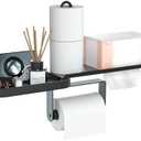 Toilet Paper Holder Wall Mount Metal Paper Towel Holder with Shelf Swivel Tissue Holder for Bathroom Kitchen Garage Roll Holder Standing Horizontal Hanging Paper Towel Rack Phone Storage Matte Black