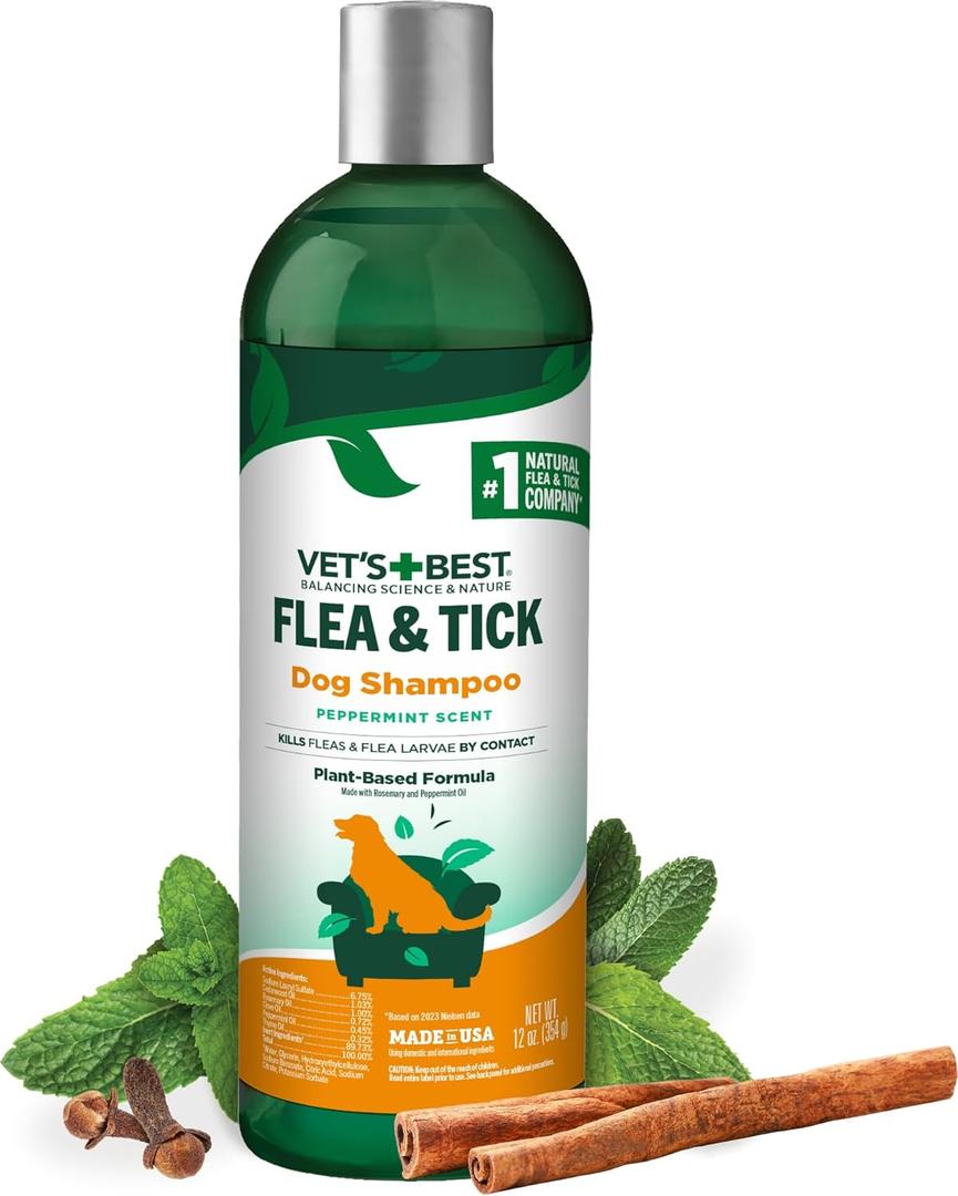 4 x Vets Best Flea and Tick Shampoo for Dogs  Advanced Strength Plant-Based Formula for Flea Treatment and Prevention, Natural Flea Bath and Tick Control, Vet Recommended, Made in USA, 12 oz