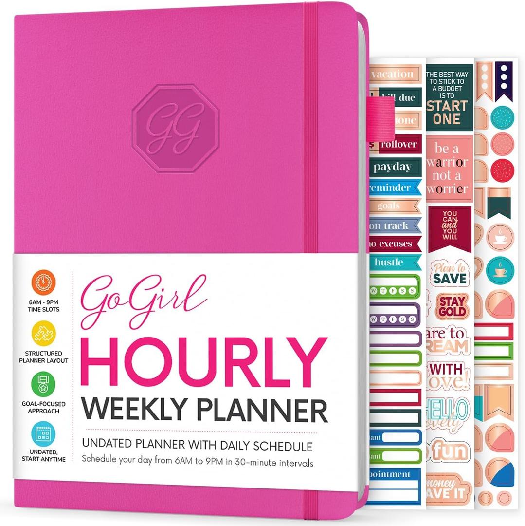GoGirl Weekly Schedule Planner Hourly Work & Life Planner with Time Slots Vertical Agenda Organizer for Daily Productivity, A5 (Hot Pink)