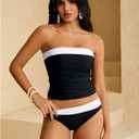 WDIRARA Women's 2 Piece Color Block Tankini Set Bandeau Strapless Ruched Bathing Swimsuit (Black, XL)
