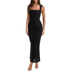 REORIA Summer Wedding Guest Maxi Dresses for Women Sleeveless Square Neck Sheer Mesh Ruched Bodycon Long Dress Trendy Clothes (Black, M)