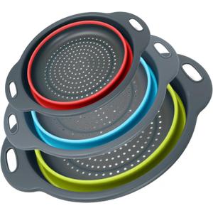 Collapsible Colander 3-Pack Set Space-Saving Foldable Kitchen Strainer with Non-Slip Base Durable Thickened PP+TPE Collapsible Strainers for Pasta, Vegetables, Fruits (Gray-Blue-Red-Green)