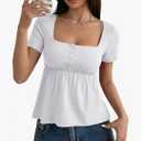 Womens Babydoll Top Peplum Flowy Cute Blouse Baby Doll Tops Short Sleeve Square Neck Y2K Summer Fashion Henley Shirt- S