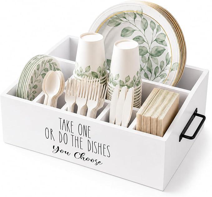 CHONIC Paper Plate Holder, Plastic Silverware Caddy, Plastic Utensil Dispenser for Party Buffet Camping BBQ, Disposable Spoon Fork Knives Dish Cup Napkin Storage Organizer for Kitchen Counter (White)