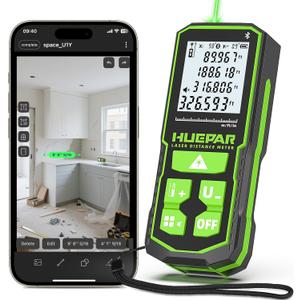 Huepar 330Ft Green Laser Measurement Tool with APP Control, Rechargeable Bluetooth Distance Meter 1/16" High Accuracy, Angle Sensor, Multiple Modes, IP54 Waterproof Durable for Home & Construction