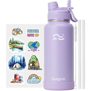 Swigina [2-IN-1 LID] Insulated Water Bottle with Silicone Boot (36hrs Cold/18hrs Hot) - DIY Stickers, Leakproof, BPA Free, 32 oz (Lavender)