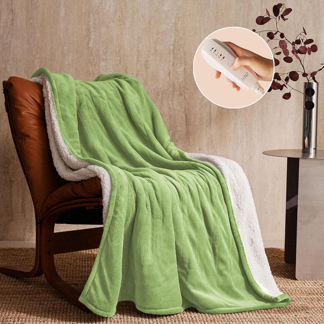 JET'S HOME Heated Blanket 50"x60" - ETL&FCC Certified Flannel Electric Blanket Machine Washable Heating Throw with 5 Heating Levels 3 Hours Auto-Off Overheating Protection Gift for Family(Bud Green)