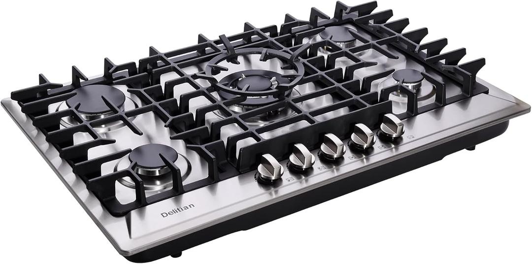 30 Inch Gas Cooktop Built-in 5 Burners Stainless Steel Gas Stovetop LPG/NG Convertible Dual Fuel Gas Hob DT5703, 29.9 inches x 19.7 inches