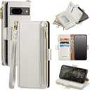 Antsturdy Compatible with Google Pixel 8 Wallet Case with Card Holder Women Men Phone Case RFID Blocking PU Leather Kickstand Flip Protective Cover Wrist Strap Zipper Credit Card Slots,Beige