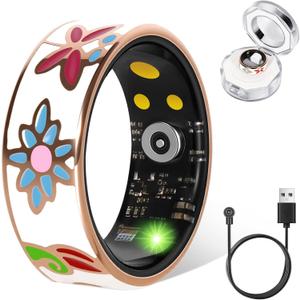 Smart Ring for Women & Men, Fitness Tracker with Heart Rate, SpO2, Blood Pressure & Sleep Monitoring, IP68 Waterproof, Long Battery Life, No Monthly Fees, for iPhone Android (9#&Floral) (Gold)