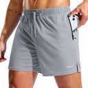 Pudolla Men's Workout Running Shorts with Zipper Pockets 5" Lightweight Quick Dry Athletic Gym Mesh Shorts no Liner(Light Grey Medium) (Gray, M)