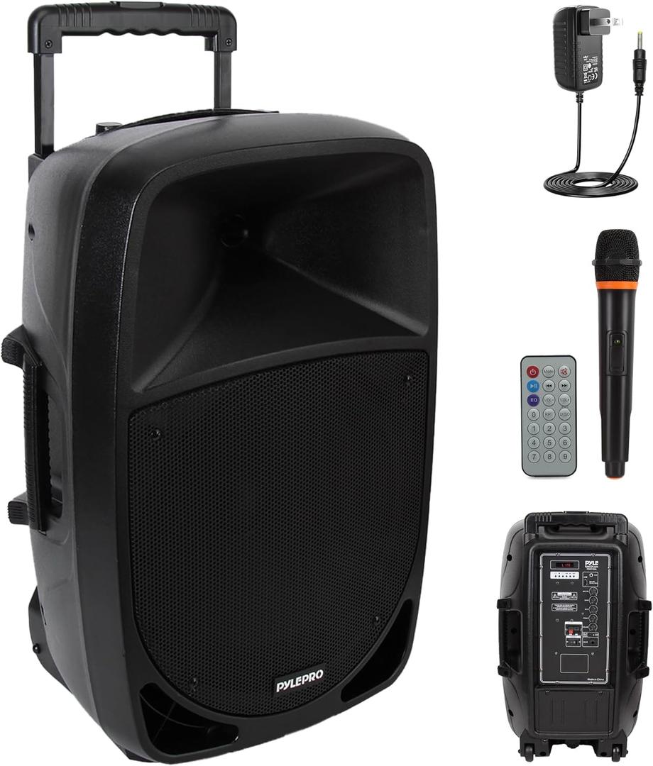 Pyle 1200W Portable Bluetooth PA Speaker - 12’’ Subwoofer, LED Battery Indicator Lights W/Built-In Rechargeable Battery, MP3/USB/SD Card Reader, and UHF Wireless Microphone - Pyle PSBT125A,Black