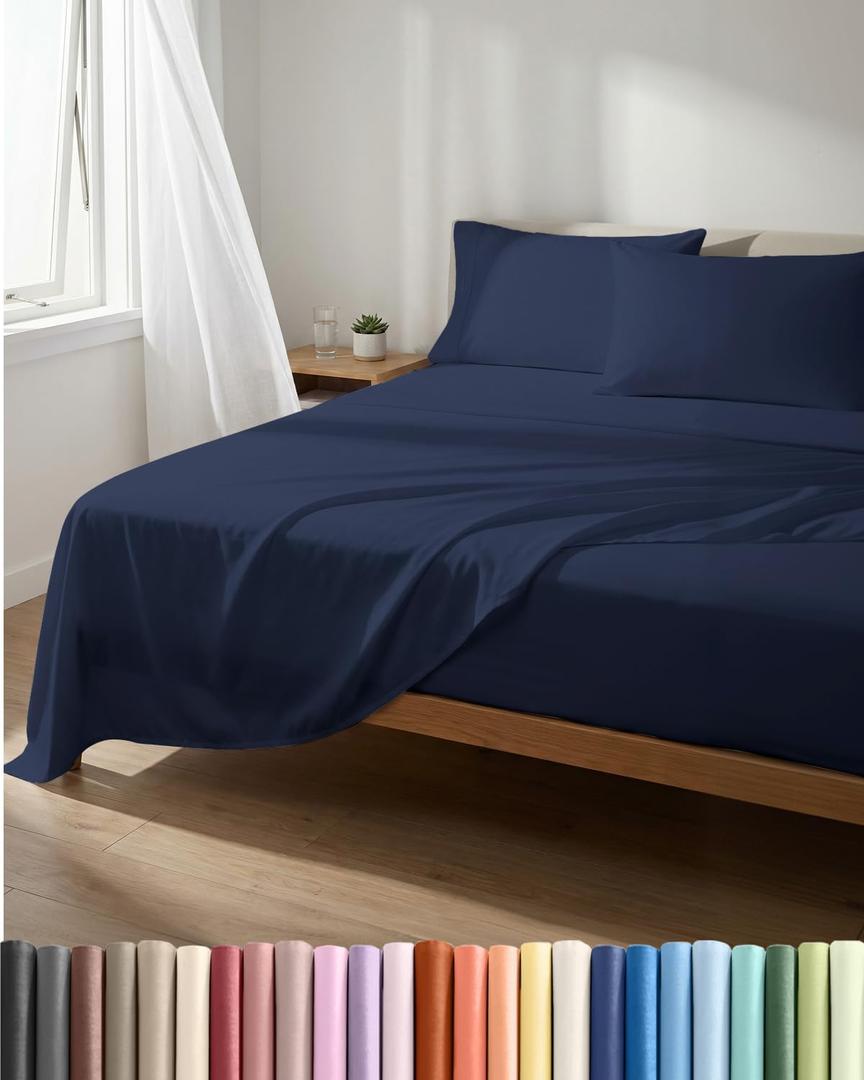Lightweight 4 Piece Bed Sheet Set Full Size - Cooling Sheets for Hot Sleepers - Soft Breathable Bedding Set w/ 8-16 Inch Deep Pockets - 1 Flat, 1 Fitted & 2 Pillowcases - Wrinkle Resistant - Navy Blue