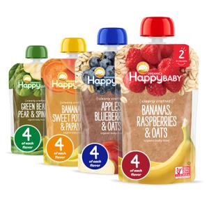 Happy Baby Organics Stage 2 Baby Food Pouches, Gluten Free, Vegan & Healthy Snack, Clearly Crafted Fruit & Veggie Puree, Fruit & Veggie Variety Pack, 4 Ounces (Pack of 16), Amazon Exclusive (EXP 04/28/26)