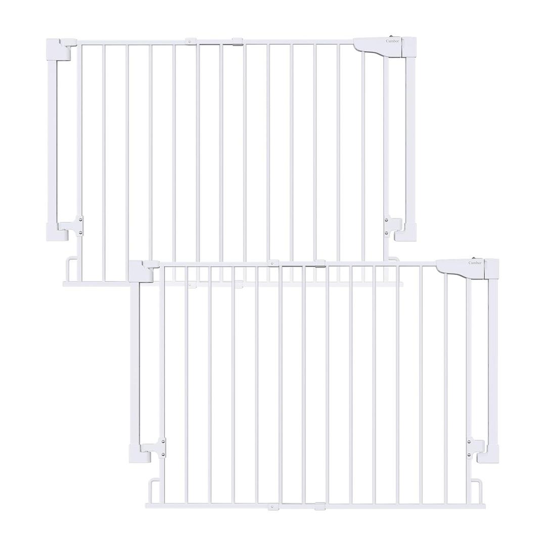 Cumbor 2 Pack 29.2-43" No Bottom Bar Baby Gate for Stairs, 2-in-1 Auto Close Dog Gate Indoor, Hardware Mounted Pet Gate for Doorways with Large Walk Thru Door, Child-Proof Safety Gate for Kids (White)