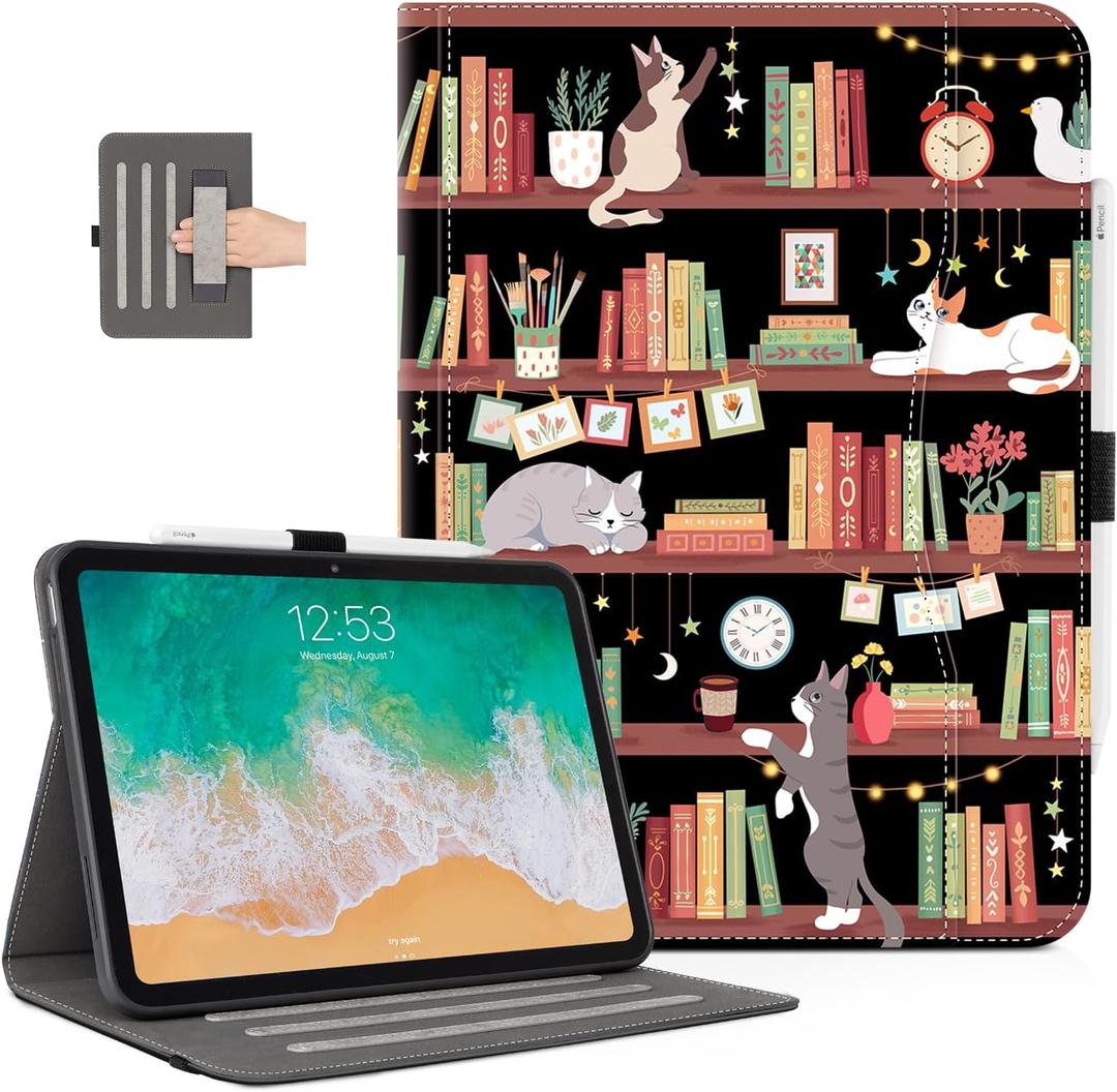 Case for iPad (A16) 11th Generation 2025, iPad 10th Generation Case with Pencil Holder Kids Men Women Multi-Angle View Adjustable Stand Shockproof with Pocket/Hand Strap/Auto Wake Sleep, Bookshelf Cat