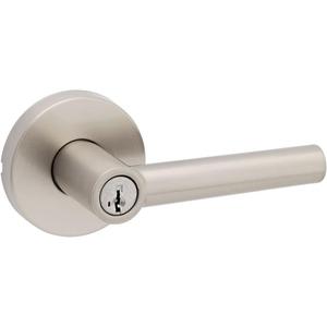 Kwikset Milan Entry Door Handle with Lock and Key, Secure Keyed Reversible Lever Exterior, Doorlock, For Front Entrance and Bedrooms, Satin Nickel, Pick Resistant Smartkey Rekey Security