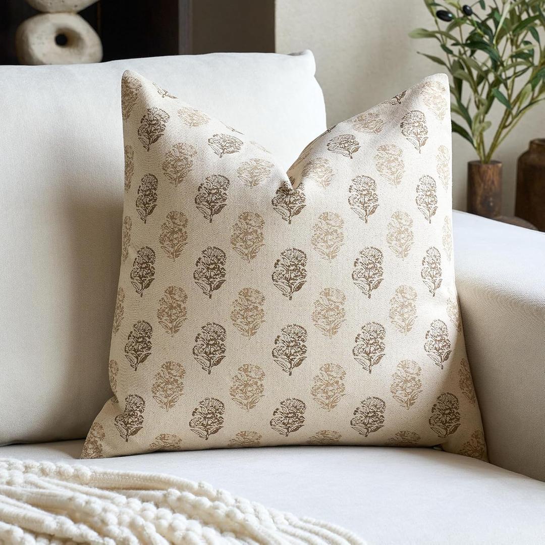 Floral Vintage Throw Pillow Covers 18x18 Pillow Cover Block Print Decorative Cushion Covers Farmhouse Neutral Accent Home Dcor for Sofa Couch Living Room Bedroom, 1PC, Cognac Brown