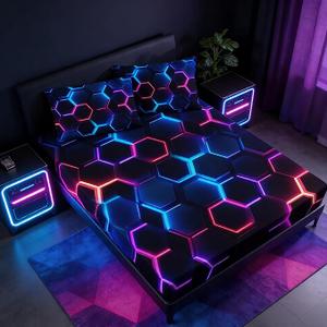 Hexagon Geometric Honeycomb Bedding Fitted Sheet Sets,Blue Neon Gamer Fitted Sheet Sets for Kids Room Decor,Twin Size Bedding Sets for Boys,1 Fitted Sheet+2 Pillowcases.