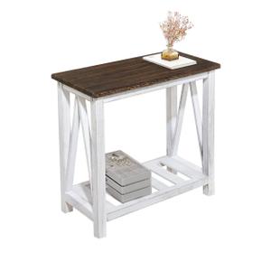 Farmhouse End Table Narrow Side Table Living Room Slim End Tables with Storage Shelf 2 Tier Nightstand for Bedroom Hallway Dormitory, Rustic Brown and White