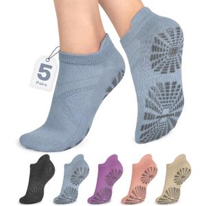 unenow 5 Pairs Pilates Socks for Women Non Slip Socks with Grips for Yoga Hospital Barre Barefoot (One Size, 5 Pairs-dark Grey/Blue/Purple/Pink/Beige)