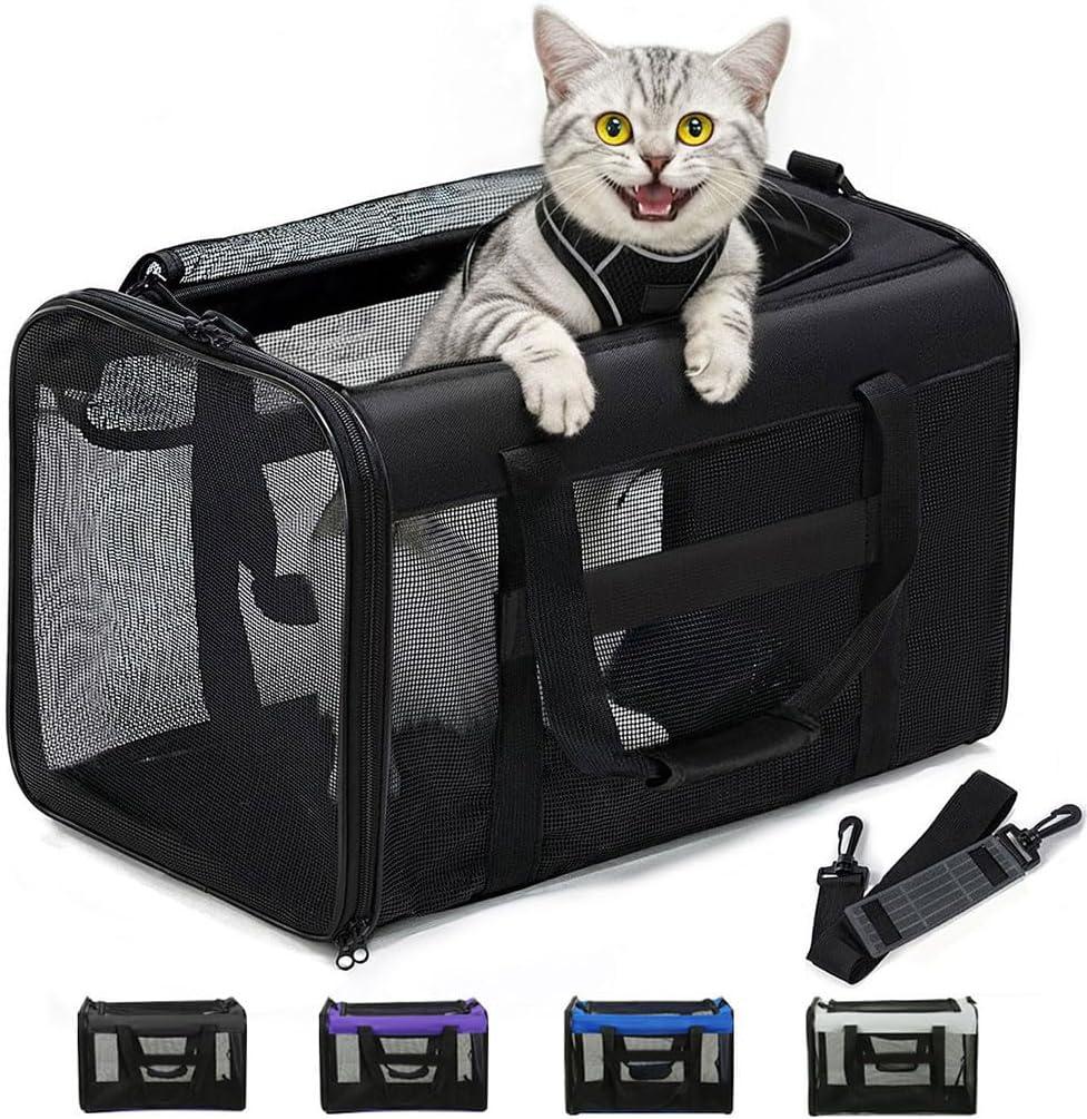 Cat Carrier Bag,Soft-Sided Pet Carriers for Dogs with 4-Sided Mesh,Airline Approved Cat Transport Carrier for Small&Medium Cats Kitten Puppy Up to 15Lb,Collapsible Cat Travel Carrier-M,Black