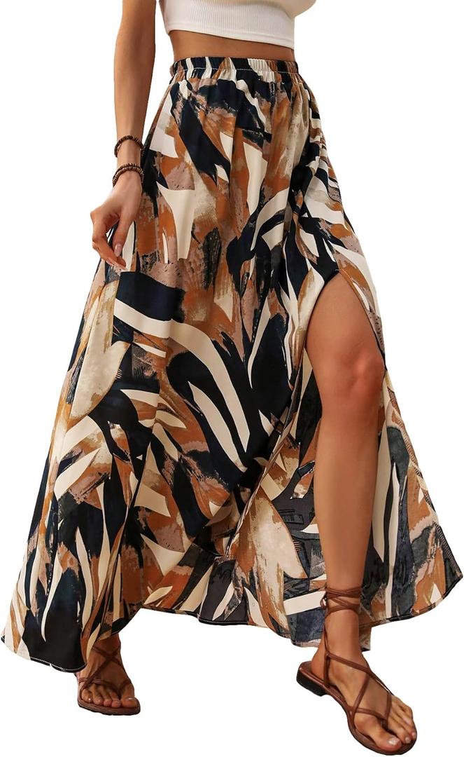 Floerns Women's Summer Tropical Print Slit Long Skirt Elastic High Waist Flowy Maxi Skirt Multicolor X-Large