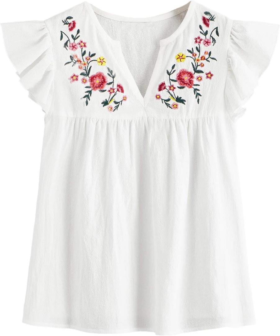 Floerns Women's Floral Embroidered V Neck Ruffle Cap Sleeve Peplum Blouse Top (Large)