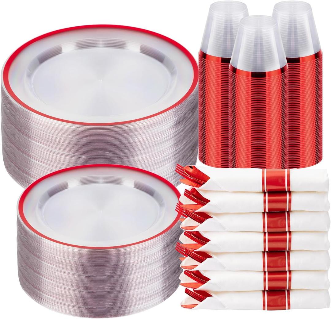 350PCS Clear & Red Disposable Party Set for 50 Guests - 100 Plates, 50 Cups, 50 Napkins & Plastic Cutlery