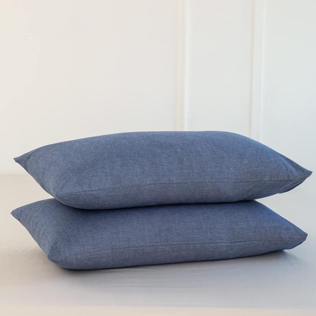 MooMee Bedding Pillowcases Pack of 2 100% Washed Cotton Linen Like Textured Breathable Durable Soft Comfy (Heathered Blue, Queen)