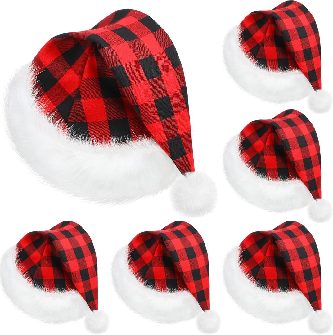SATINIOR 6 Pcs Christmas Santa Hat Claus Xmas Hat for Adults Unisex with Lining Plush Brim for Christmas New Year (Large)