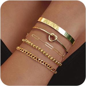 Gold Bracelets for Women 18k Gold Plated Bracelet Stack Bangle Cuff Bracelet Set for Women Non Tarnish Beaded/Paperclip/Cuban Link Chain Bracelets Jewelry for Women Trendy