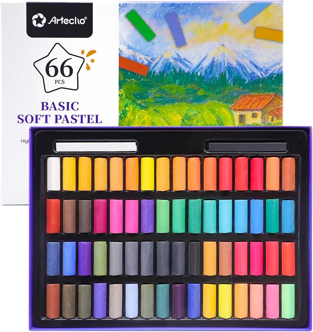 Artecho 66pcs Soft Pastels, 64 Colors Including 4 Colors, Extra Free Black & White, Square Chalk for Drawing, Blending, Layering, Shading, Pastels Art Supplies