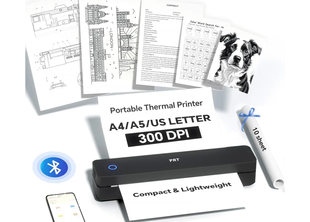 PRT Portable Printer Wireless for Travel, Inkless Bluetooth Small Mobile Thermal Printer, Support 8.5" X 11", A4, Compatible with iOS, Android, Laptop for Home Use, Office & Vehicles, 300 DPI, Black