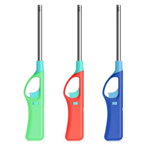 3Pcs Refillable Butane Lighters, Larger BBQ Grill Click Flame Long Stem Lighter Adjustable Soft Flame Multipurpose Lighters(No Butane Fuel Inside) (Upgrade Version)